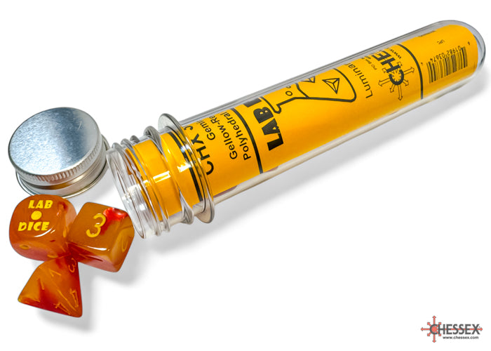 Chessex - Lab Dice 7 Piece - Gemini Gellow-Red/yellow Polyhedral Luminary (With Bonus Die)