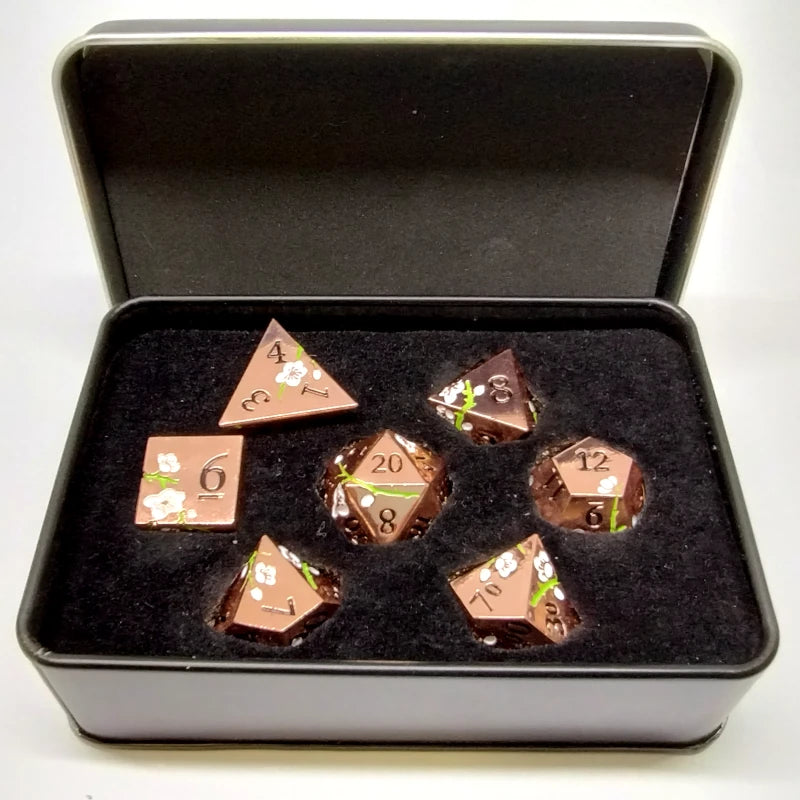 Plum Blossom Dice Kit - Rose Gold with White Blossoms in a Metal Box