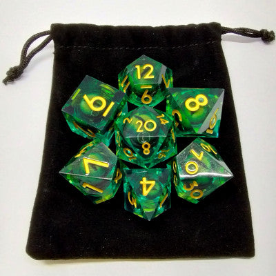 Liquid Core Dragon Eye Dice Kit - Green in Black Suedecloth Pouch