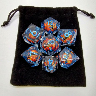 Liquid Core Dragon Eye Dice Kit - Translucent Blue with Red Dragon Eye in Black Suedecloth Pouch