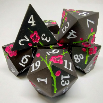 Plum Blossom Dice Kit - Black with Pink Flowers in a Metal Box