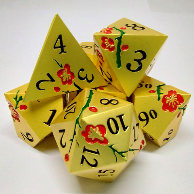 Plum Blossom Dice Kit - Gold with Red Flowers in a Metal Box
