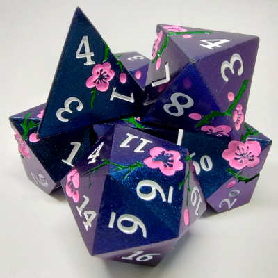 Plum Blossom Dice Kit - Blue with Pink Blossom in a Metal Box