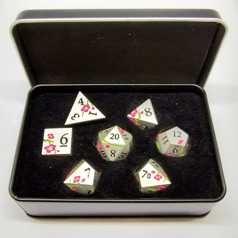Plum Blossom Dice Kit - Silver with Pink Flowers in a Metal Box