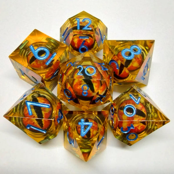 Liquid Core Dragon Eye Dice Kit - Orange with Blue Numbers in Black Suedecloth Pouch