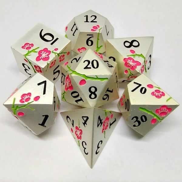 Plum Blossom Dice Kit - Silver with Pink Flowers in a Metal Box