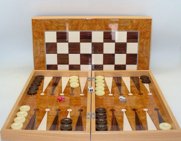 Backgammon Set: 19" Burlwood Decoupage