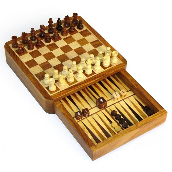 Magnetic Chess & Backgammon 7" 3 in 1 Set with Drawer