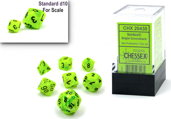 Chessex - 7-Dice Set - Mini Vortex - Bright Green / Black